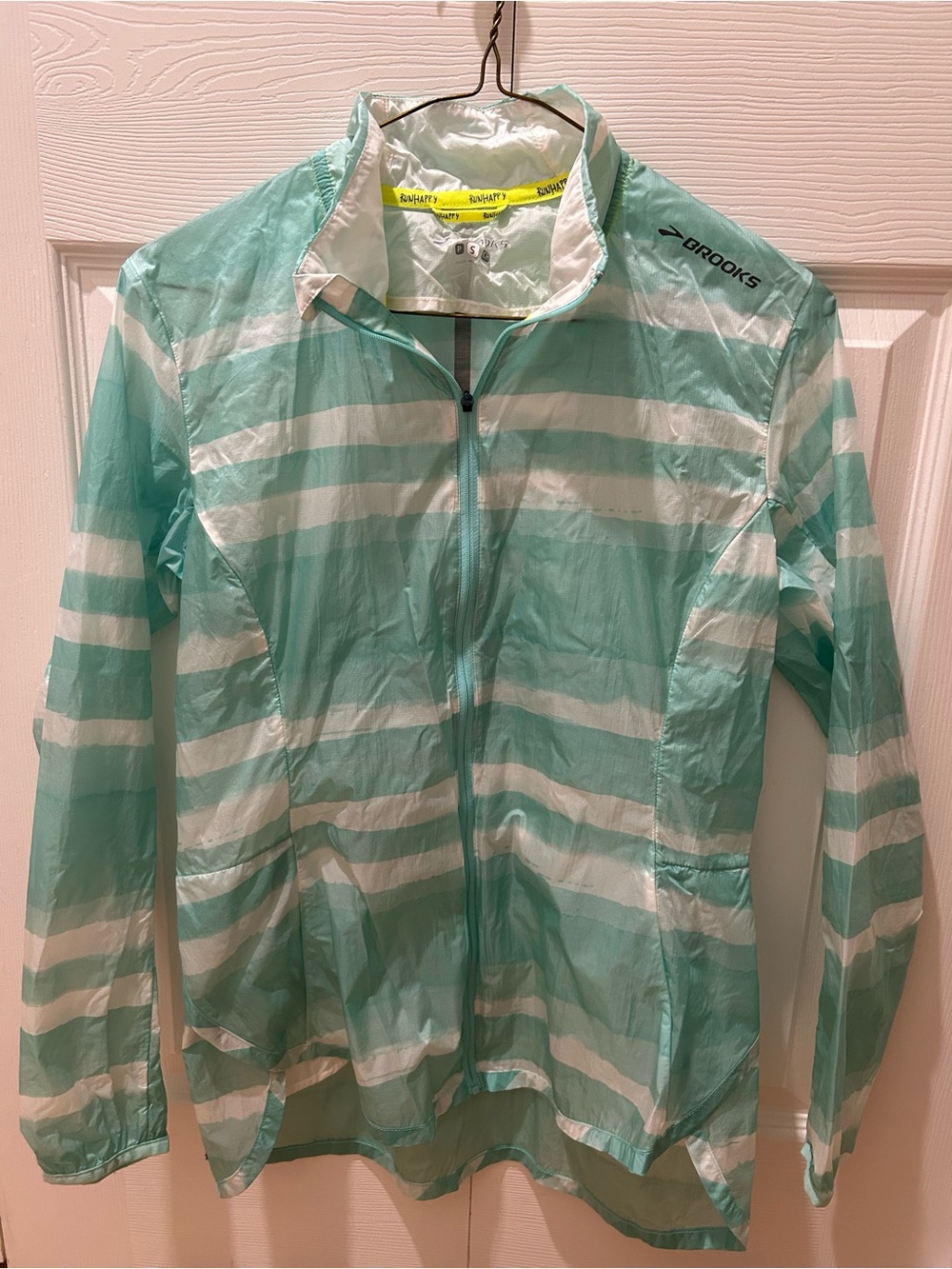 Brooks Mint Green and White Striped Running Jacket